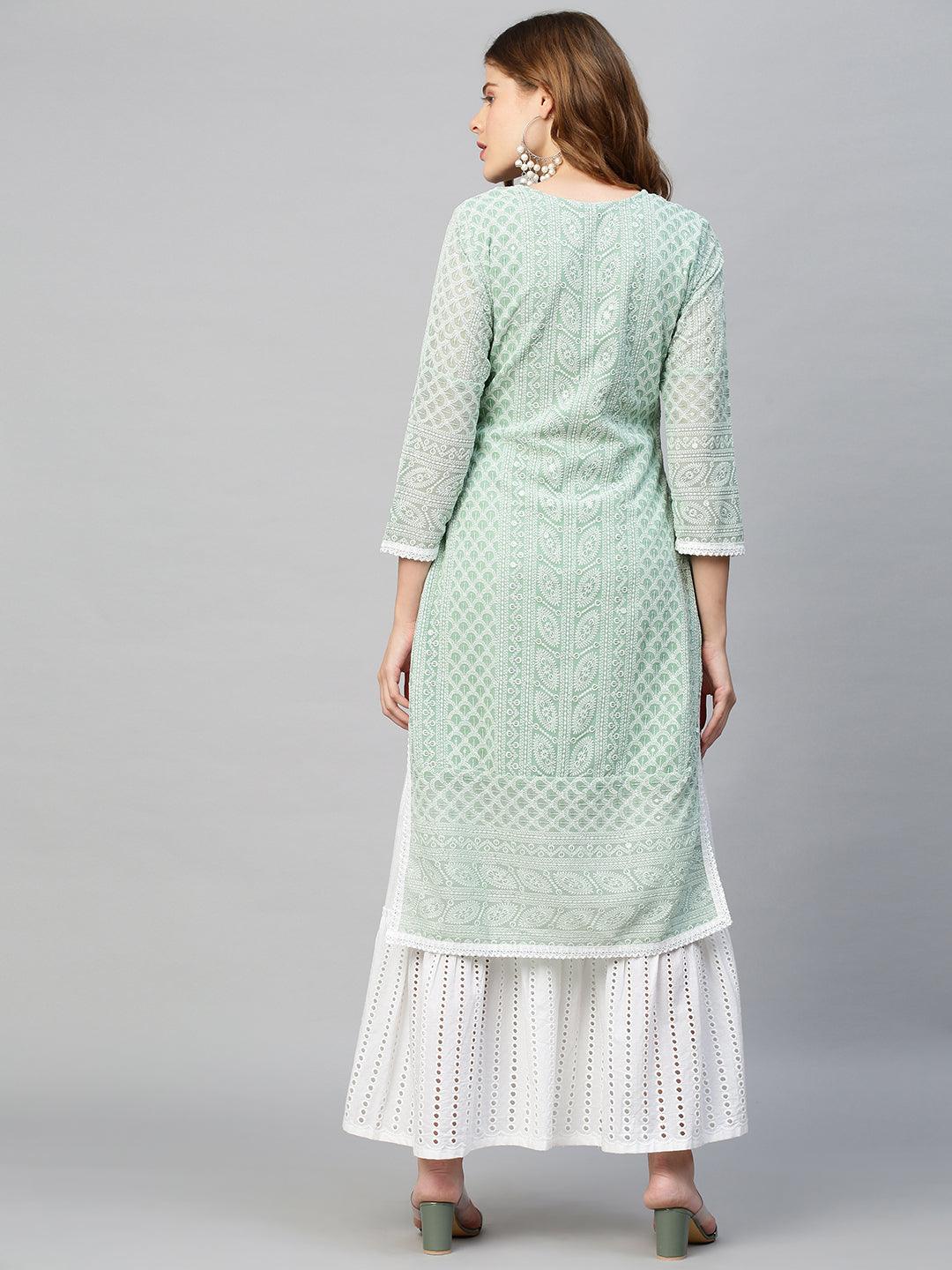 Chikankari Embroidered Straight Fit Kurta - Pastel Green - Indiakreations