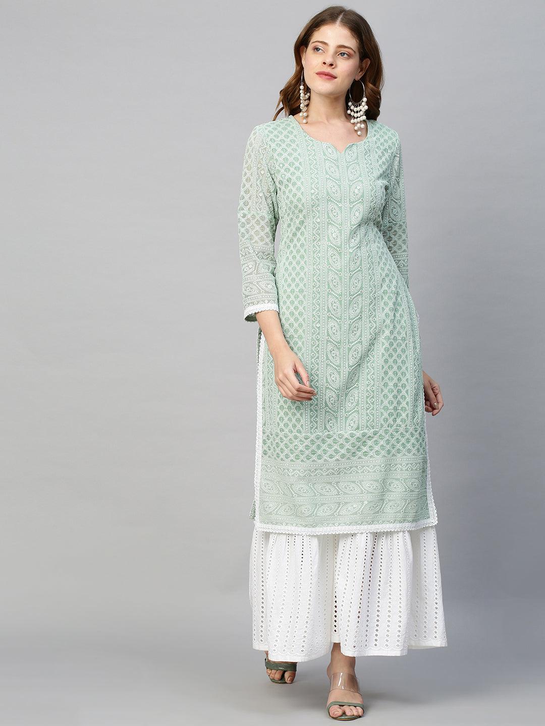 Chikankari Embroidered Straight Fit Kurta - Pastel Green - Indiakreations