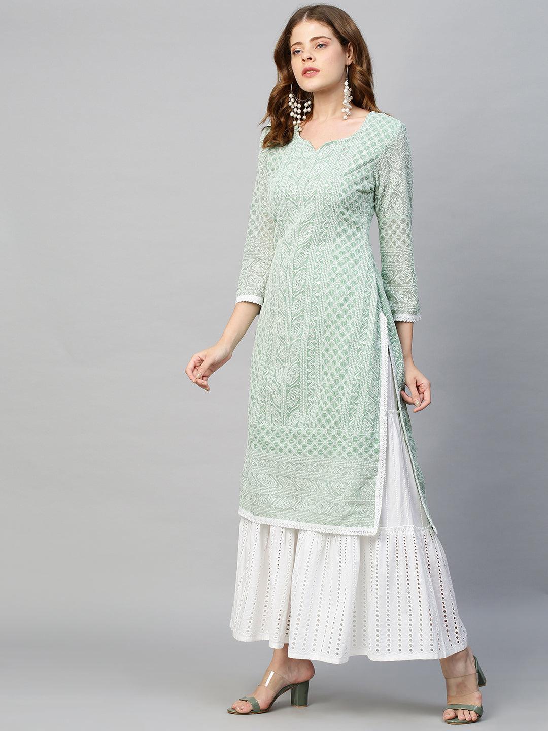 Chikankari Embroidered Straight Fit Kurta - Pastel Green - Indiakreations