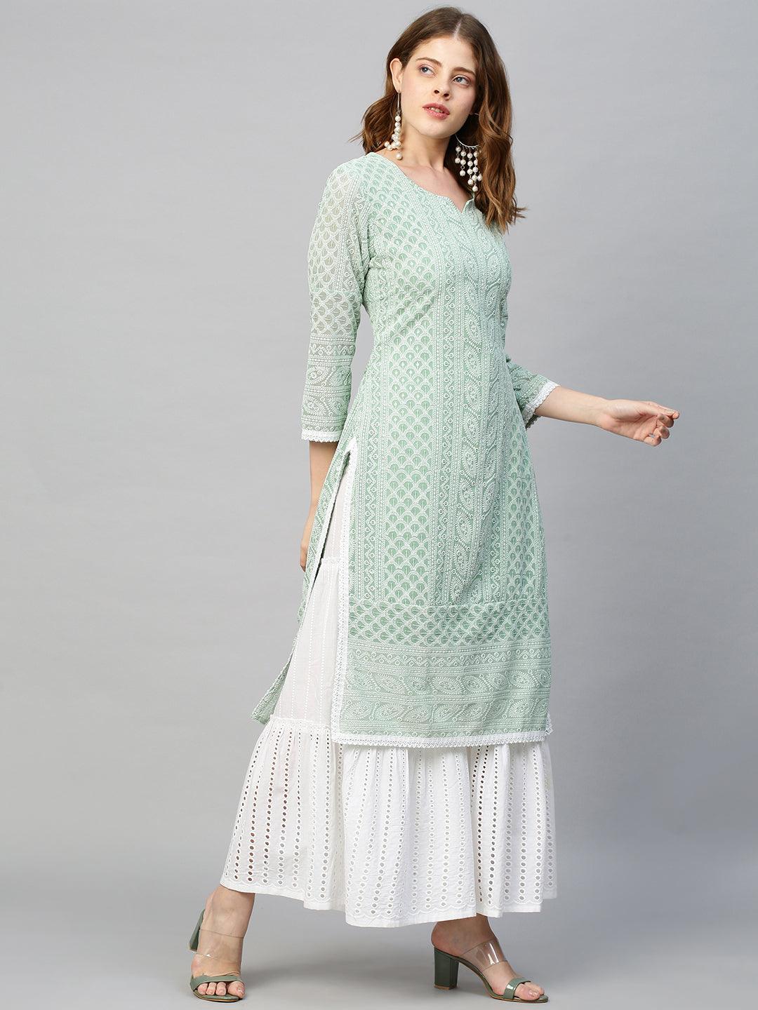 Chikankari Embroidered Straight Fit Kurta - Pastel Green - Indiakreations