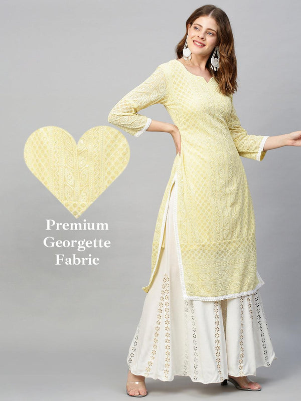 Chikankari Embroidered Straight Fit Kurta - Pastel Yellow - Indiakreations