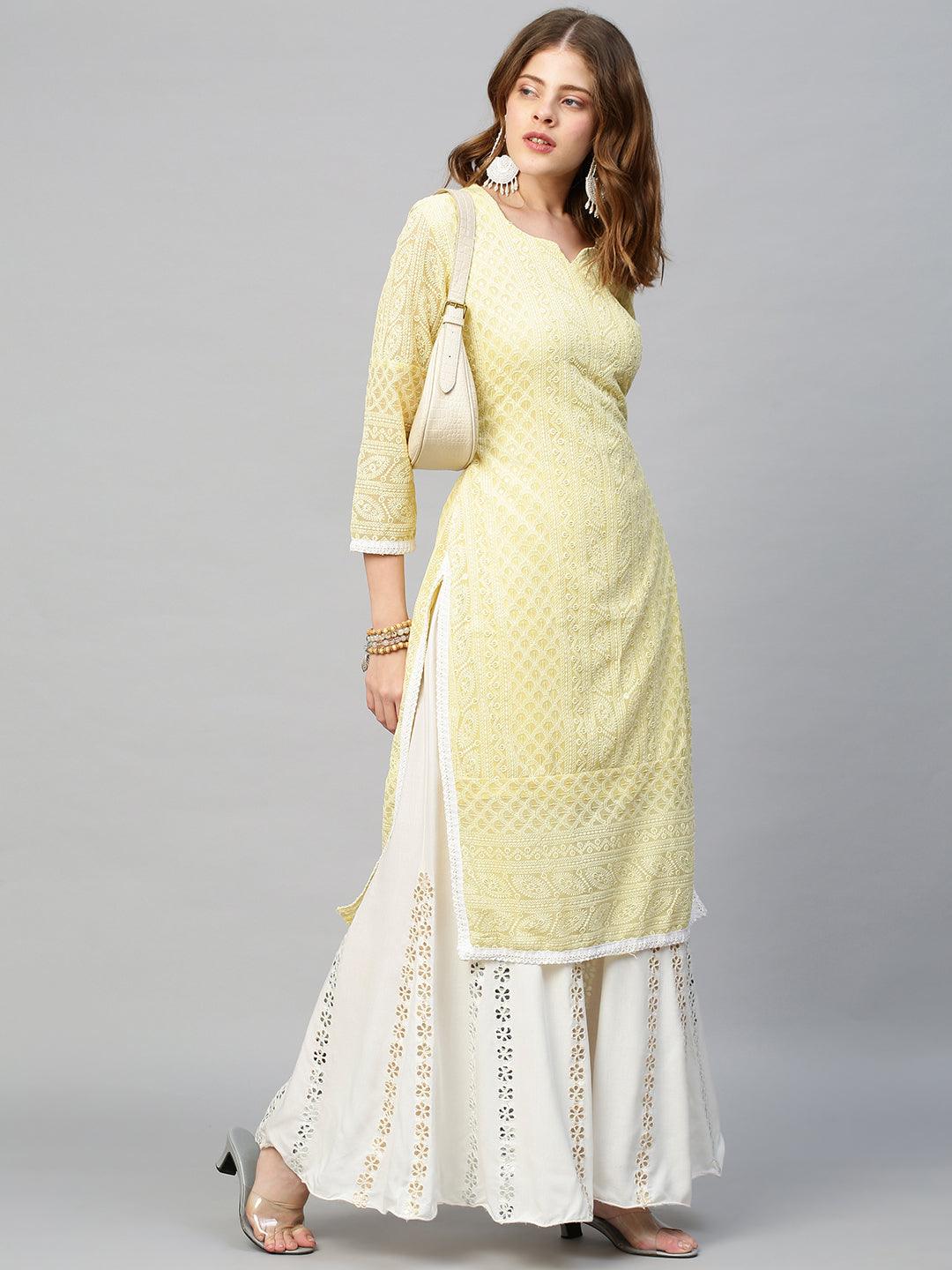 Chikankari Embroidered Straight Fit Kurta - Pastel Yellow - Indiakreations