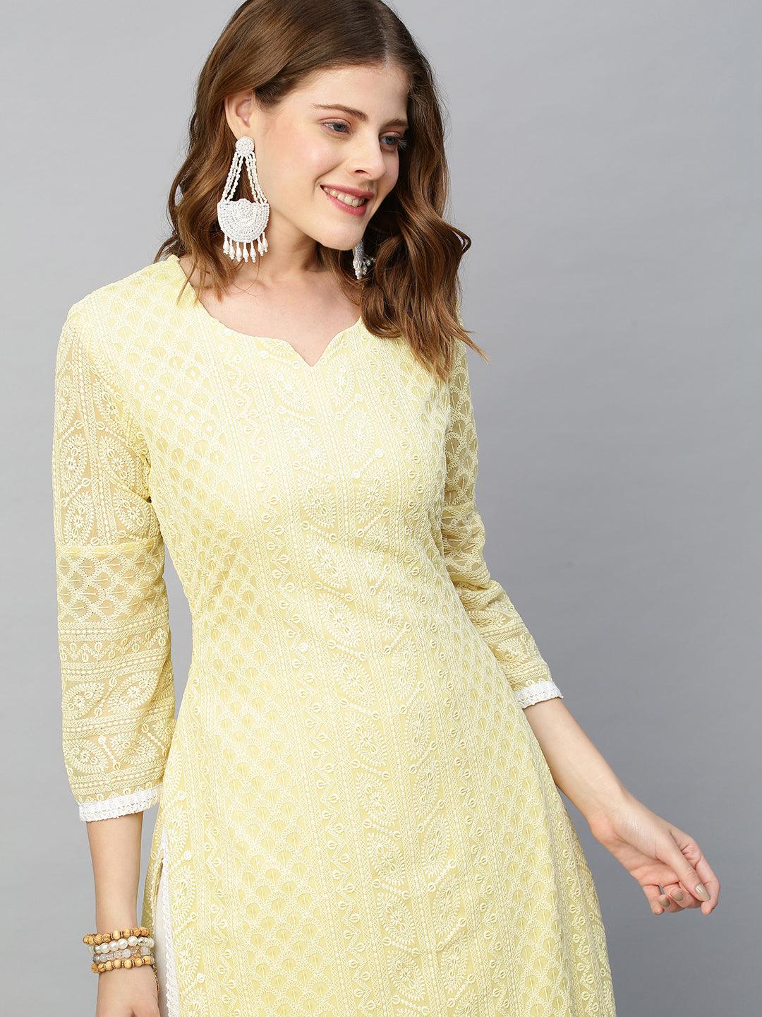 Chikankari Embroidered Straight Fit Kurta - Pastel Yellow - Indiakreations