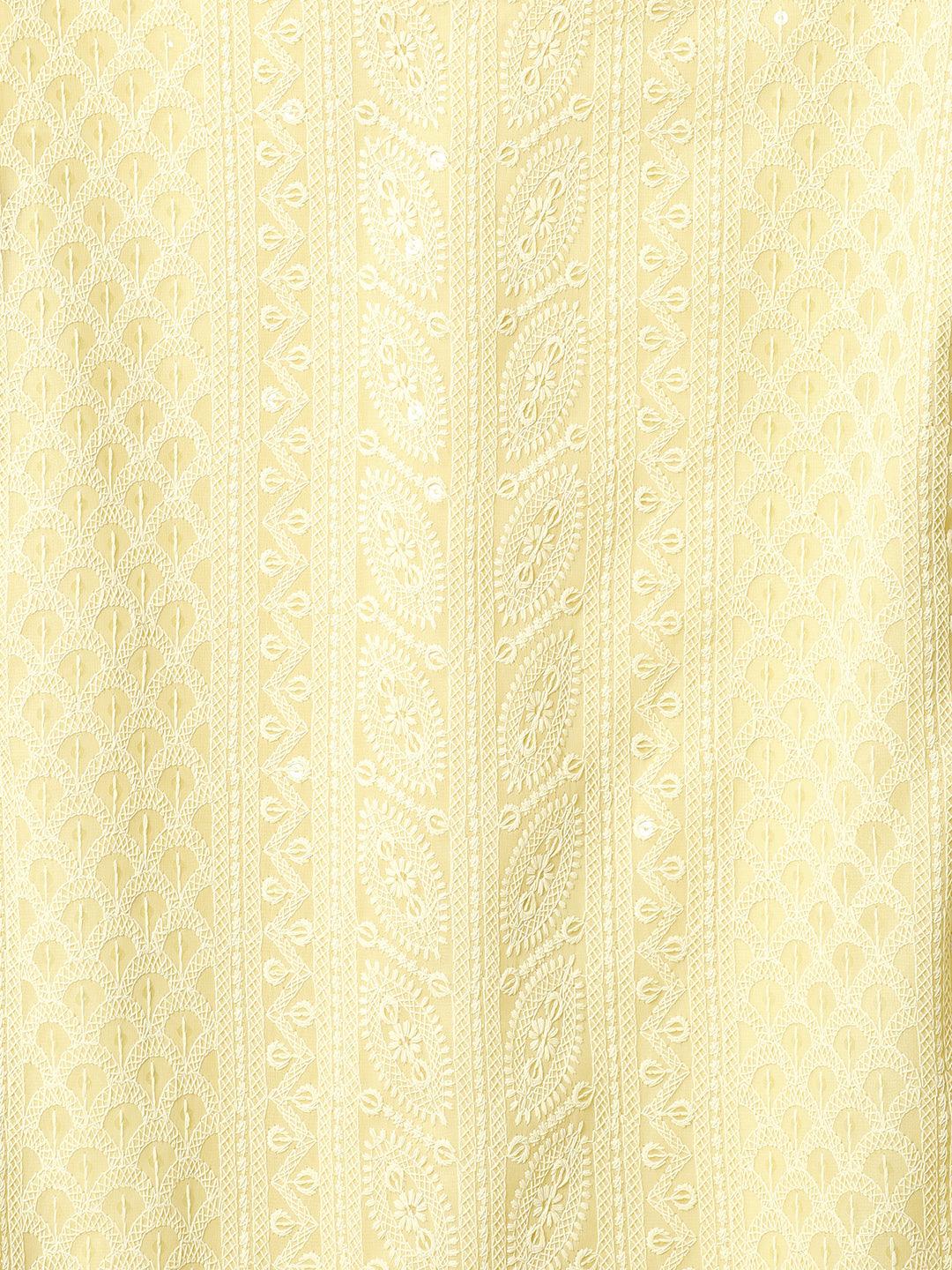 Chikankari Embroidered Straight Fit Kurta - Pastel Yellow - Indiakreations