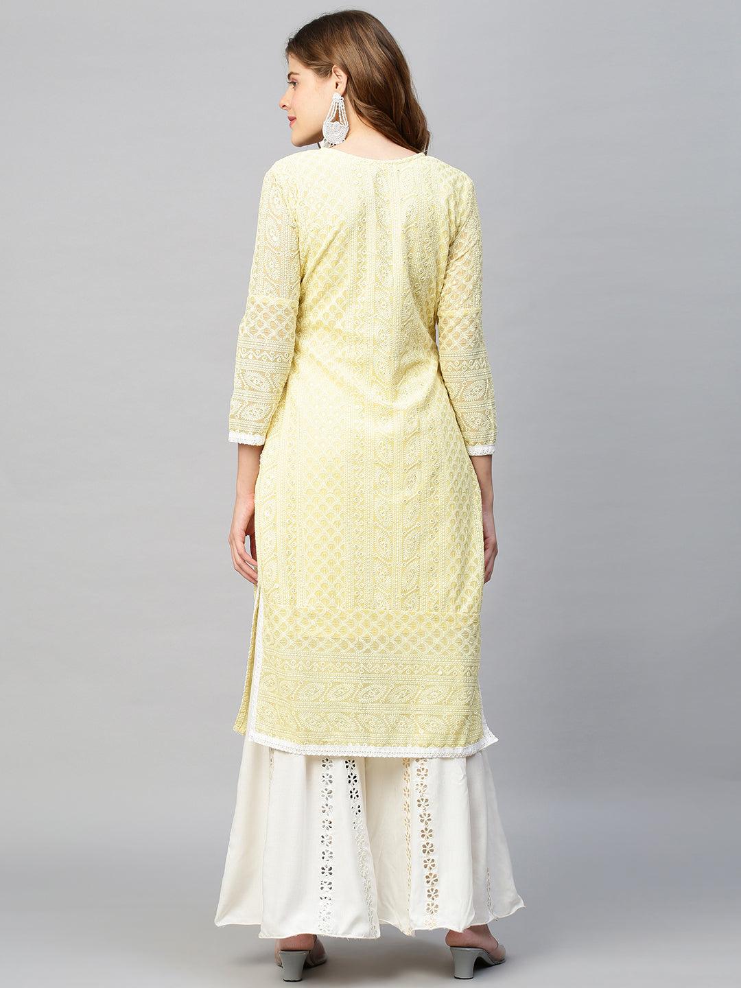 Chikankari Embroidered Straight Fit Kurta - Pastel Yellow - Indiakreations