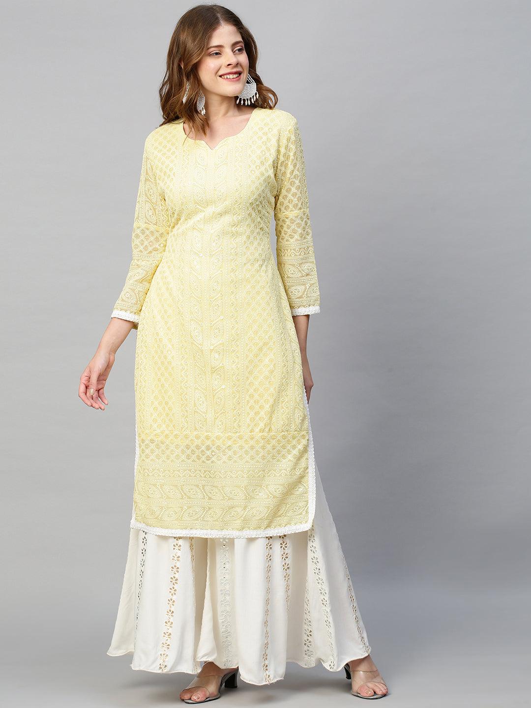 Chikankari Embroidered Straight Fit Kurta - Pastel Yellow - Indiakreations