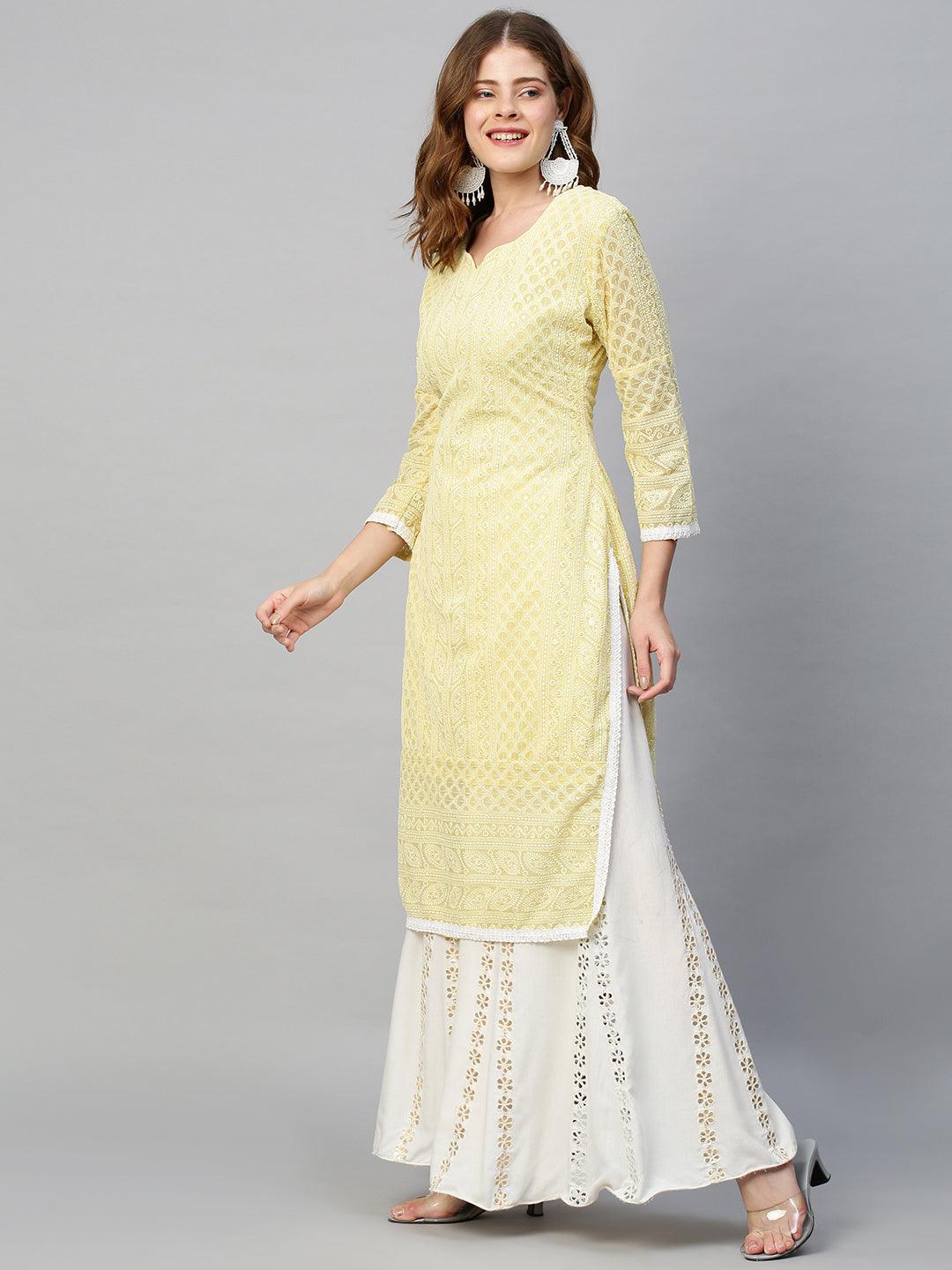 Chikankari Embroidered Straight Fit Kurta - Pastel Yellow - Indiakreations