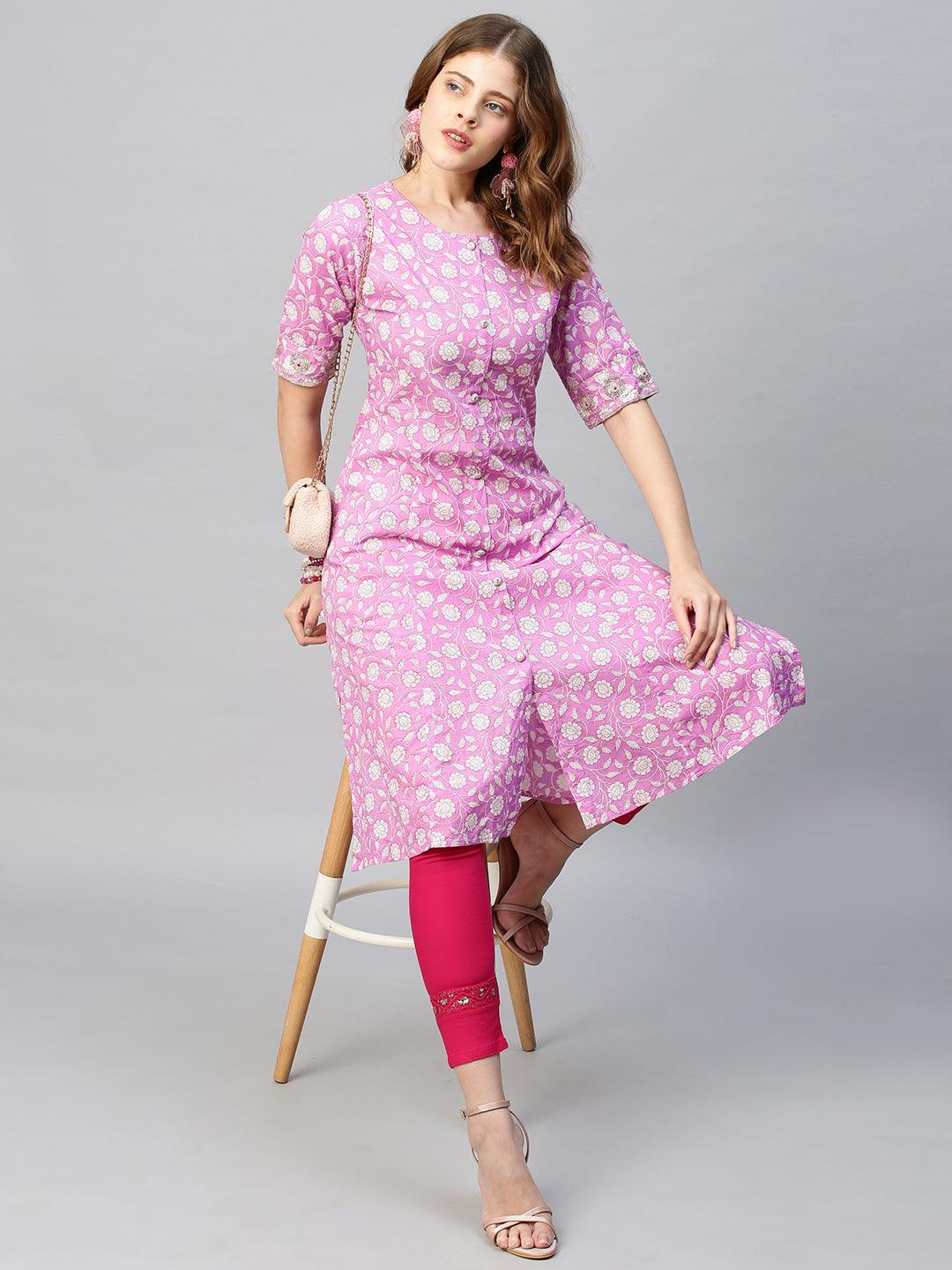 Sequin Embroidered Floral Printed A-Line Kurta - Fuchsia Pink - Indiakreations