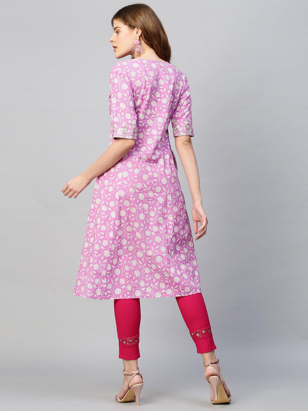 Sequin Embroidered Floral Printed A-Line Kurta - Fuchsia Pink - Indiakreations