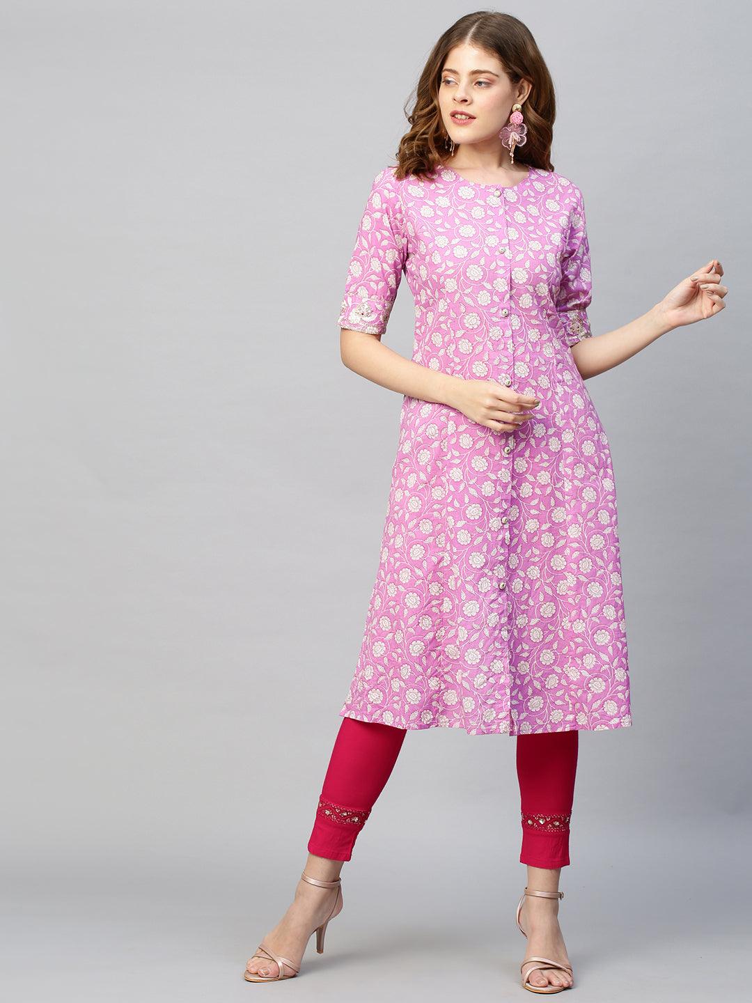 Sequin Embroidered Floral Printed A-Line Kurta - Fuchsia Pink - Indiakreations