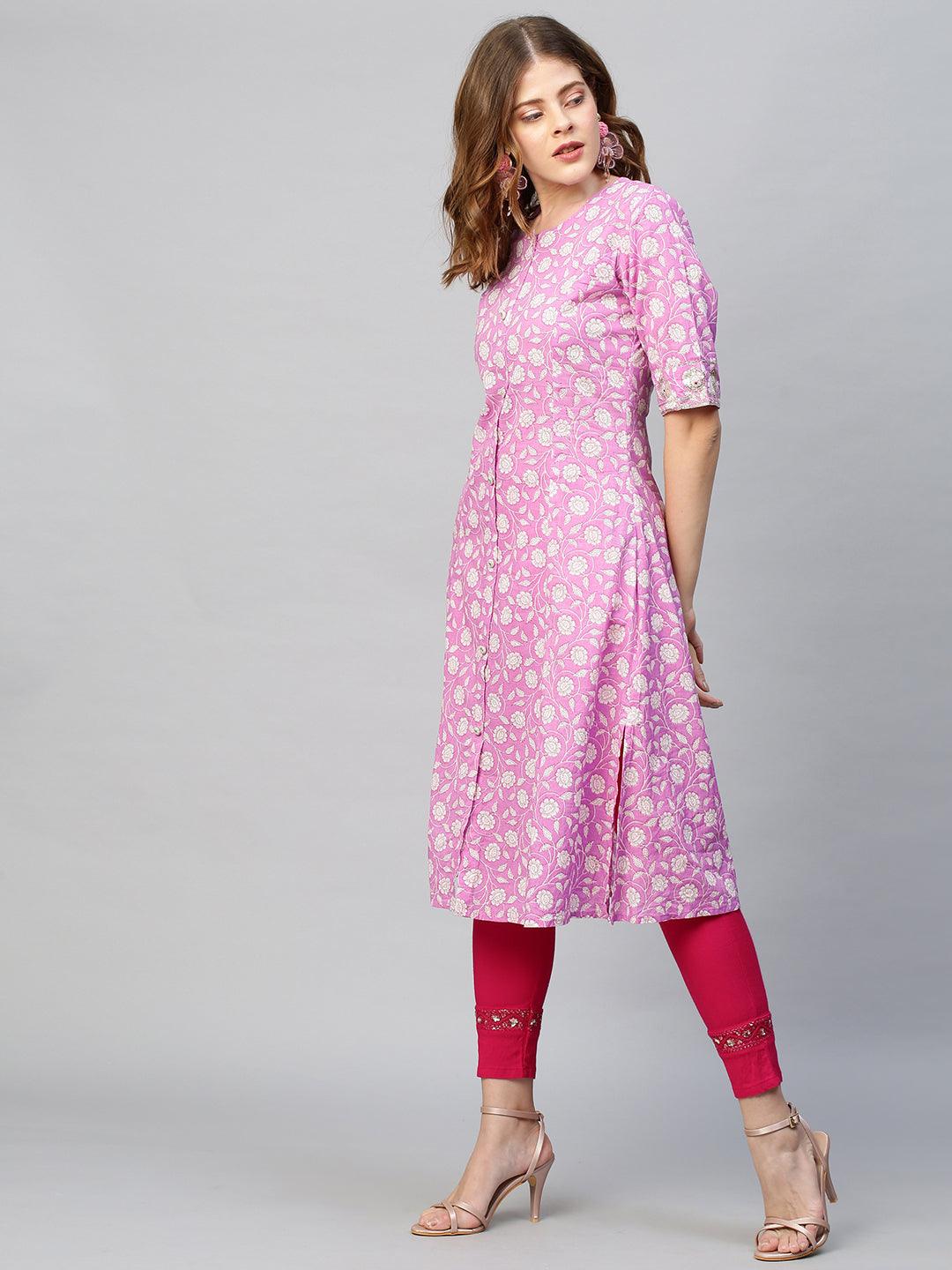 Sequin Embroidered Floral Printed A-Line Kurta - Fuchsia Pink - Indiakreations