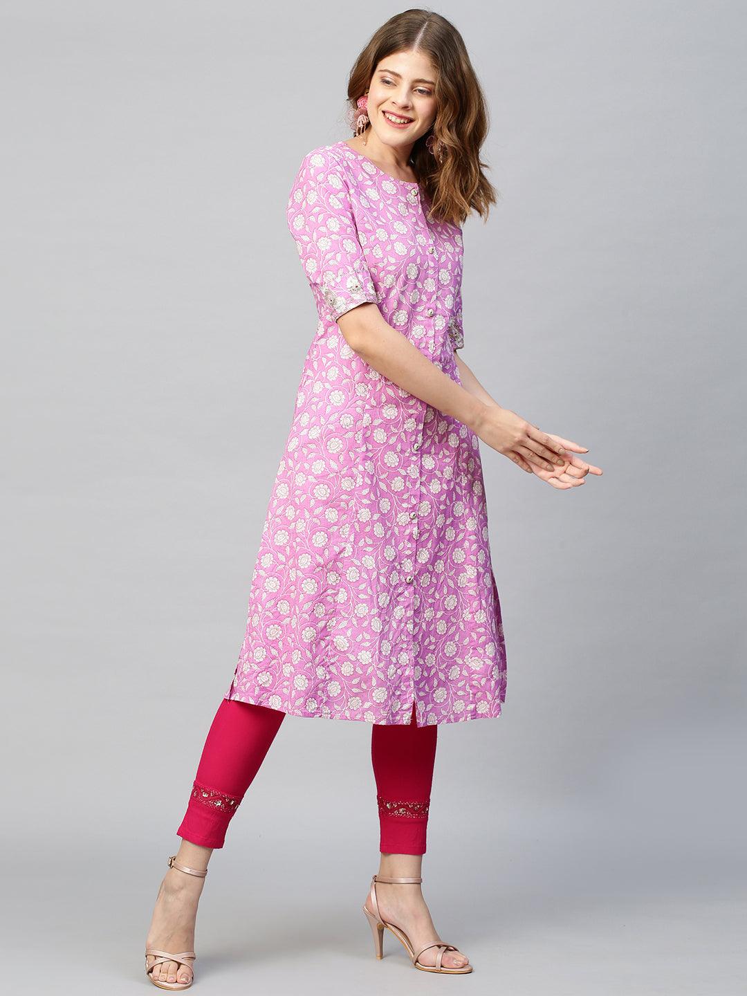 Sequin Embroidered Floral Printed A-Line Kurta - Fuchsia Pink - Indiakreations