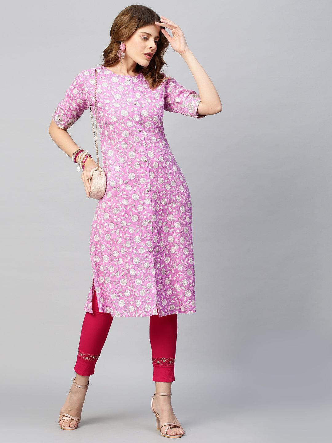 Sequin Embroidered Floral Printed A-Line Kurta - Fuchsia Pink - Indiakreations