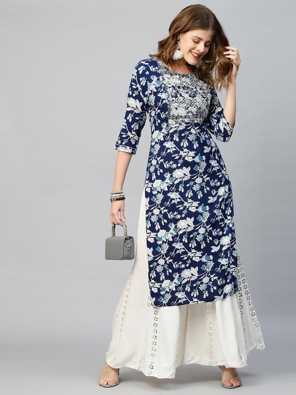 Zari Embroidered Floral Printed Straight Fit Kurta - Dark Blue - Indiakreations