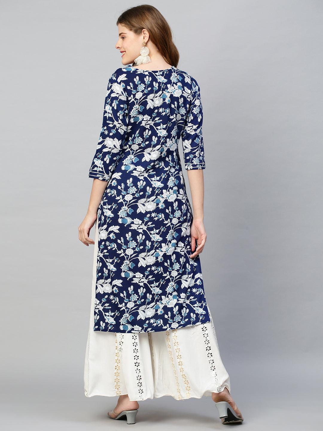 Zari Embroidered Floral Printed Straight Fit Kurta - Dark Blue - Indiakreations