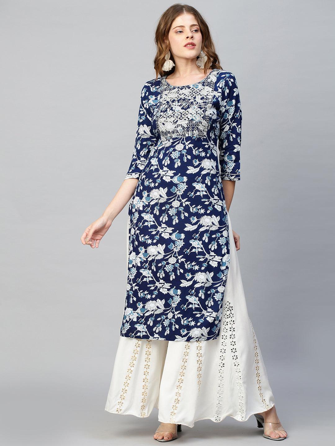 Zari Embroidered Floral Printed Straight Fit Kurta - Dark Blue - Indiakreations