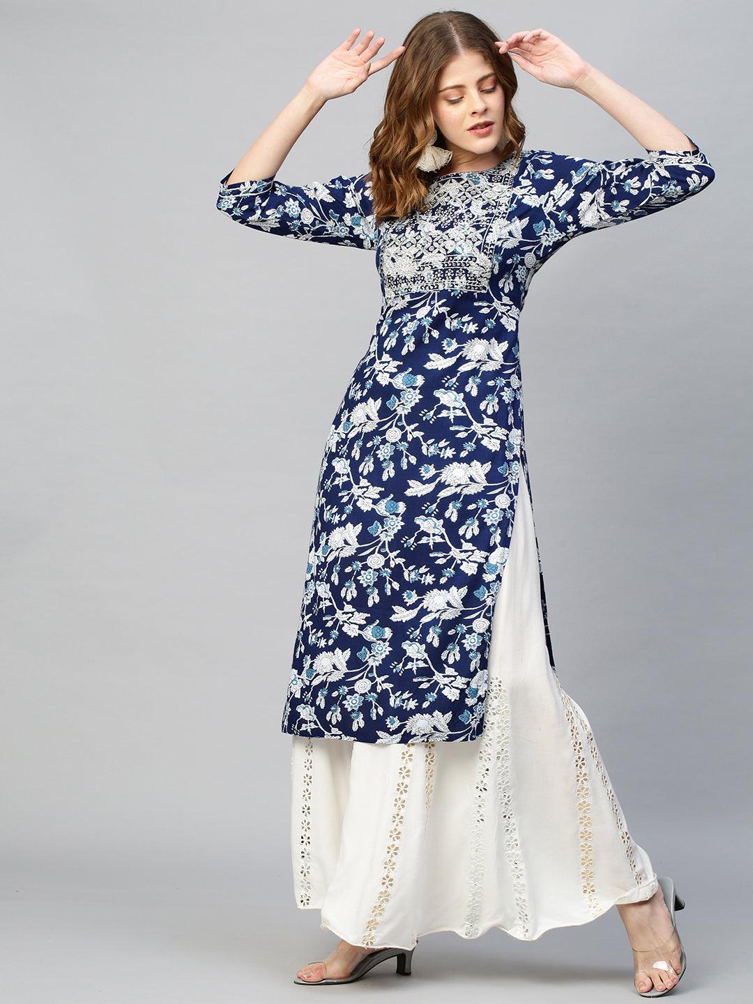 Zari Embroidered Floral Printed Straight Fit Kurta - Dark Blue - Indiakreations