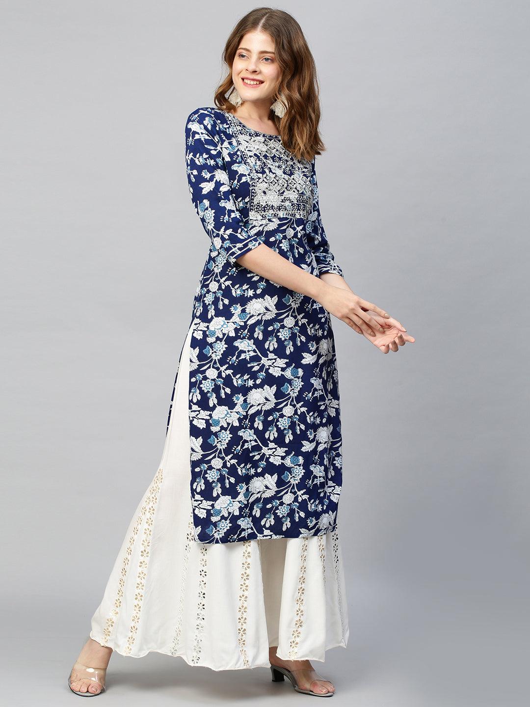 Zari Embroidered Floral Printed Straight Fit Kurta - Dark Blue - Indiakreations