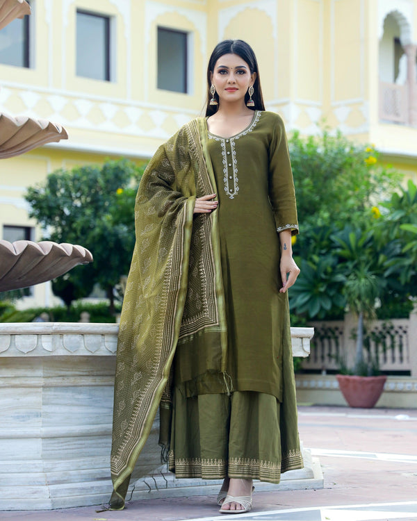 Women's Moss Gold Handblock Chanderi Kurta Palazzo Suit Set (Set of 3) - Baisacrafets - Indiakreations