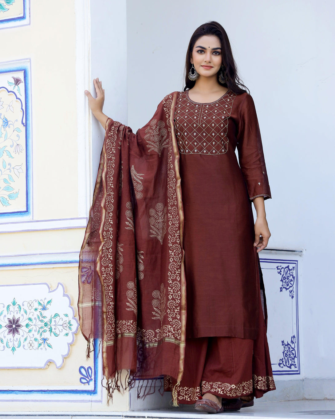 Women's Brown Gold Handblock Chanderi Kurta Palazzo Suit Set (Set of 3) - Baisacrafets - Indiakreations