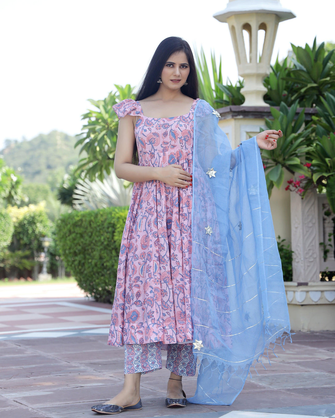 Women's Zinnia Hand Block Printed Anarkali Suit Set (Set of 3) - Baisacraft - Indiakreations