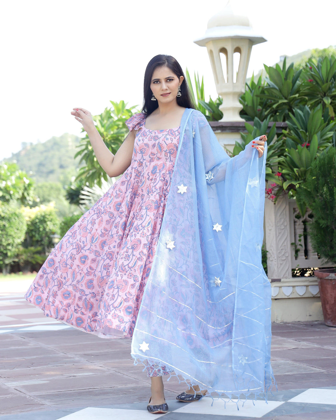 Women's Zinnia Hand Block Printed Anarkali Suit Set (Set of 3) - Baisacraft - Indiakreations