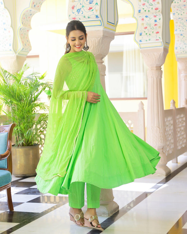 Women's Green Anarkali Suit Set with Pants & Dupatta by Baisacrafts- (3pcs set) - Indiakreations