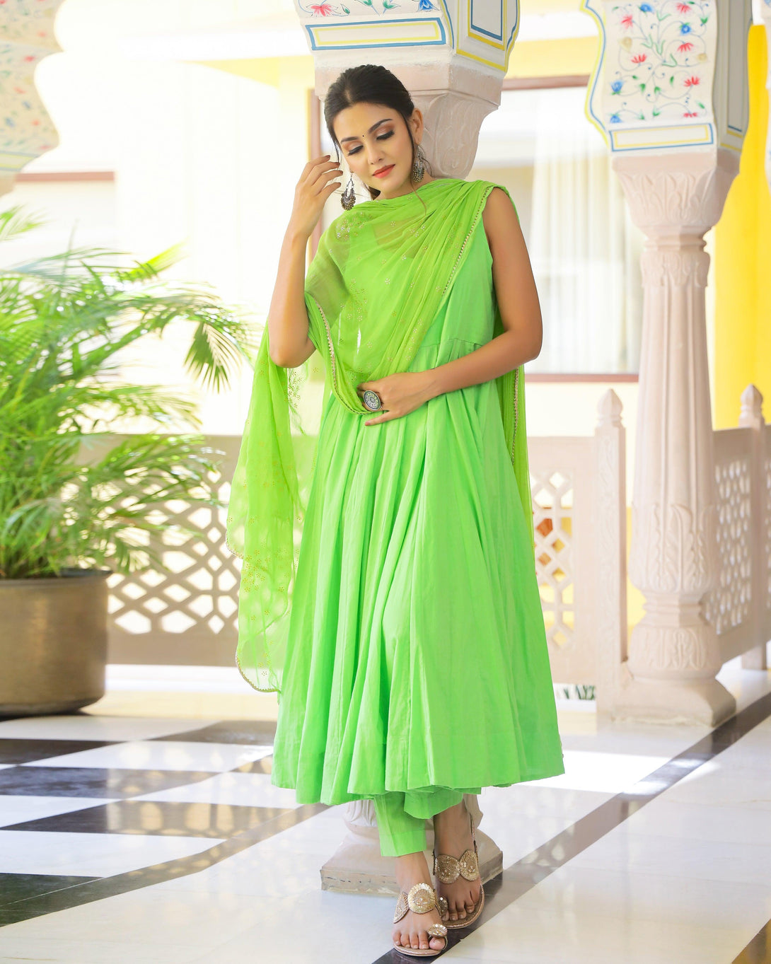 Women's Green Anarkali Suit Set with Pants & Dupatta by Baisacrafts- (3pcs set) - Indiakreations