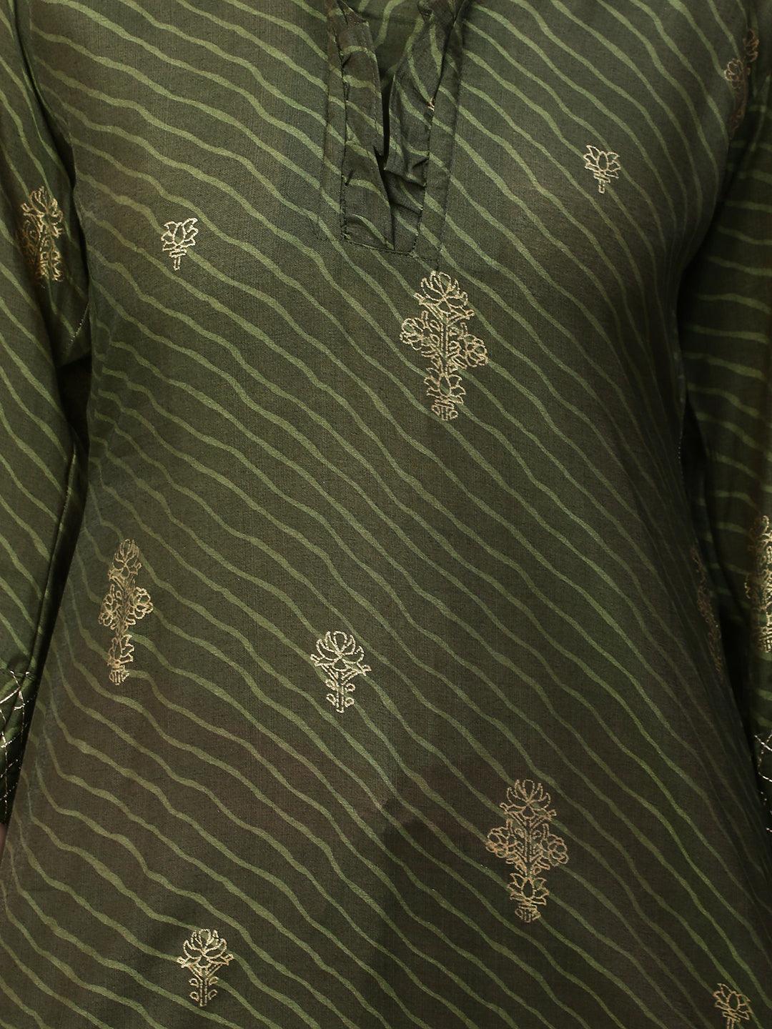 Ethnic Foil & Leheriya Printed Kurta with Dupatta - Moss Green - Indiakreations