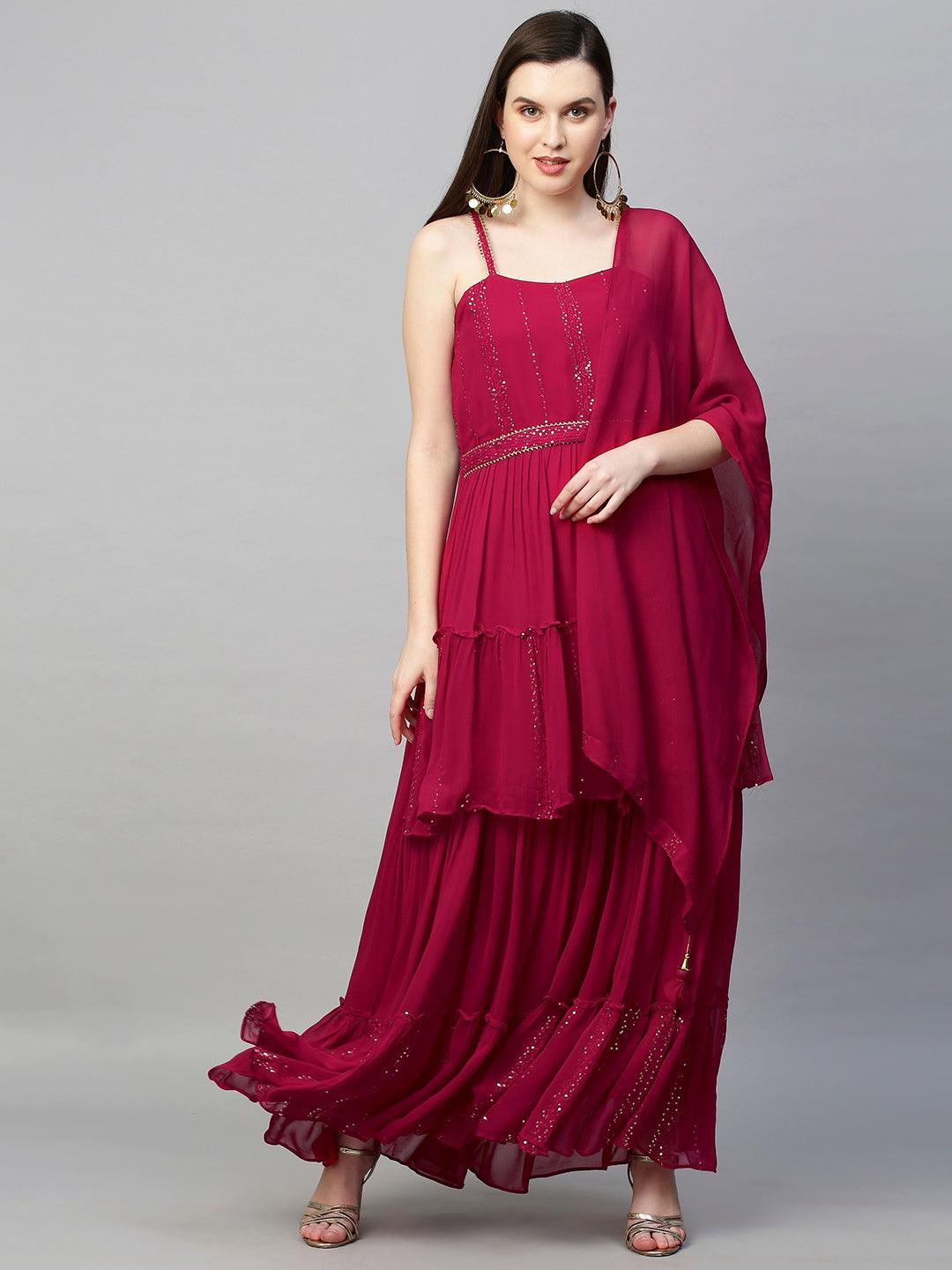 Sequin Embroidered Tiered Dress with Dupatta - Hot Pink - Indiakreations