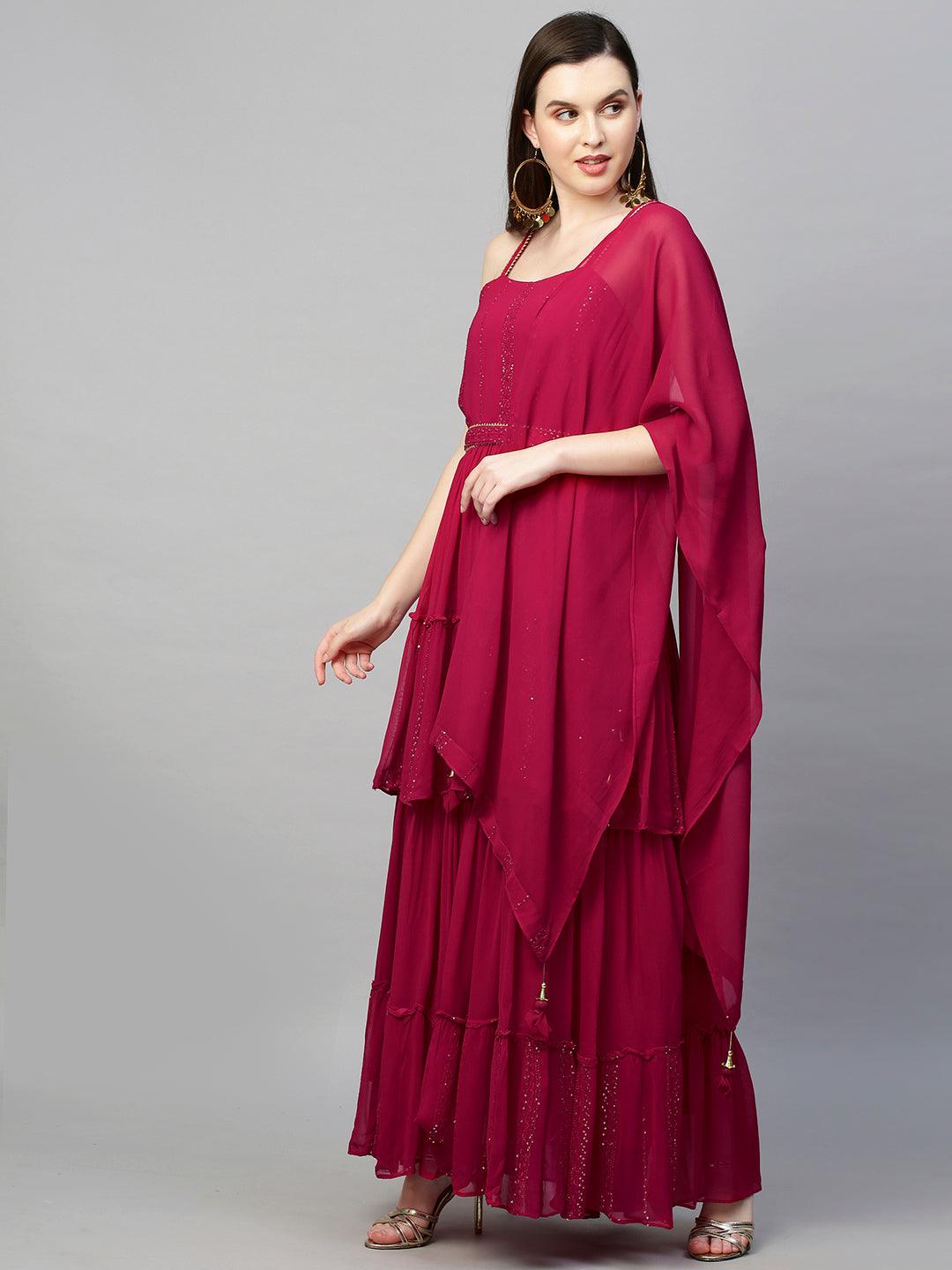 Sequin Embroidered Tiered Dress with Dupatta - Hot Pink - Indiakreations