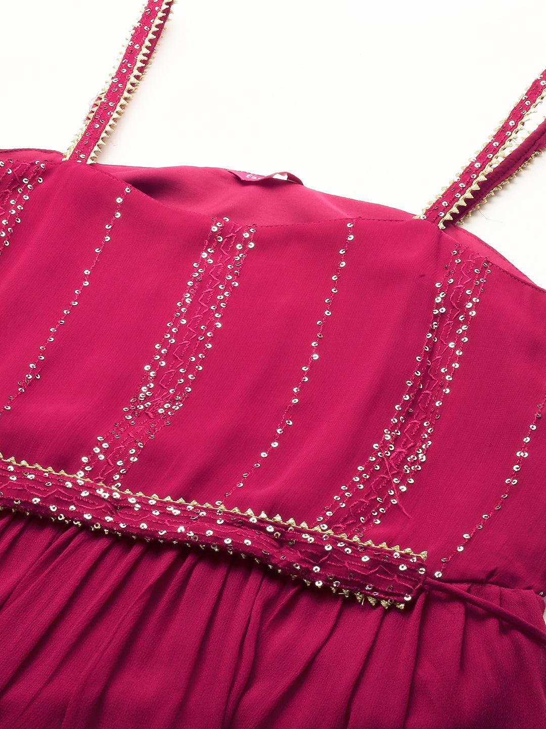 Sequin Embroidered Tiered Dress with Dupatta - Hot Pink - Indiakreations