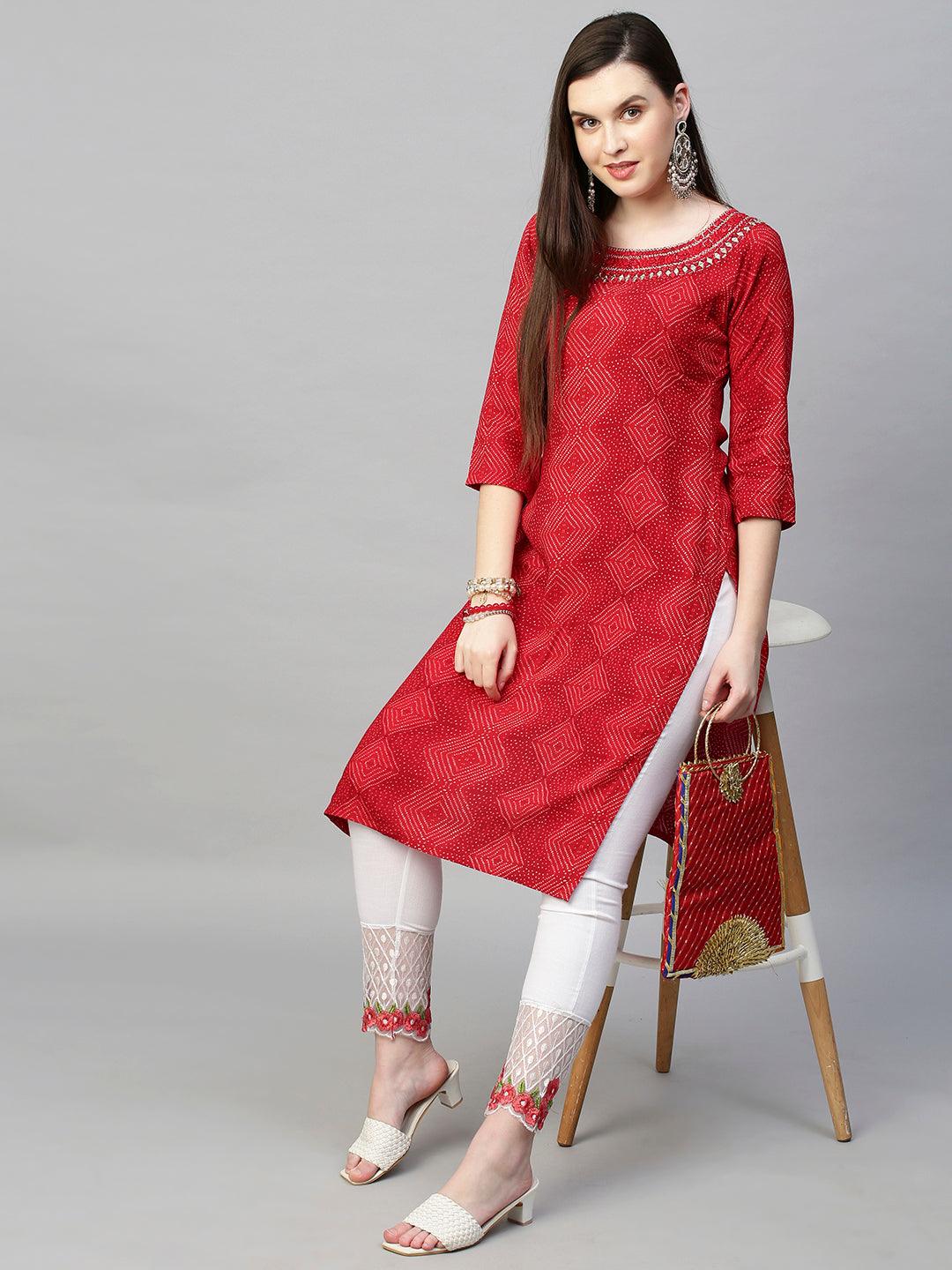 Mirror Embroidered Bandhej Printed Straight Kurta - Red - Indiakreations