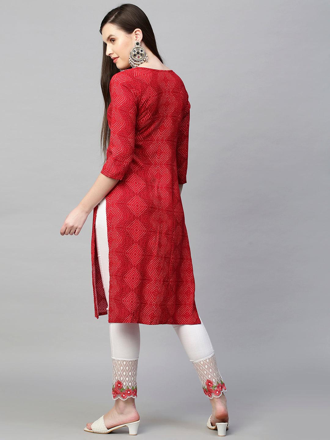 Mirror Embroidered Bandhej Printed Straight Kurta - Red - Indiakreations