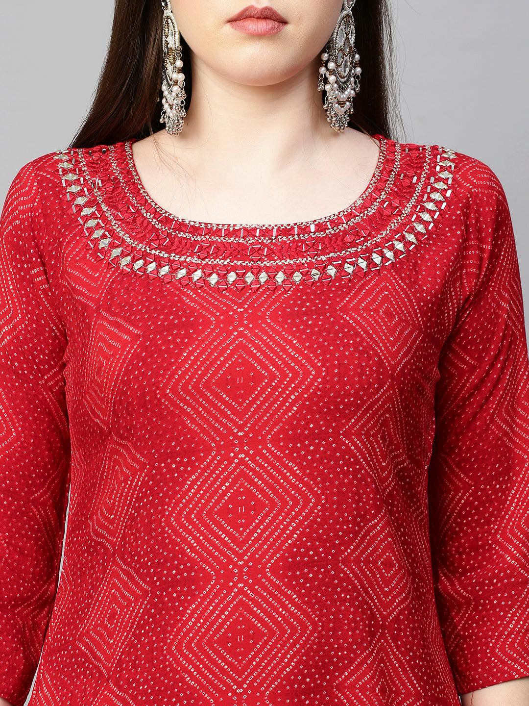 Mirror Embroidered Bandhej Printed Straight Kurta - Red - Indiakreations