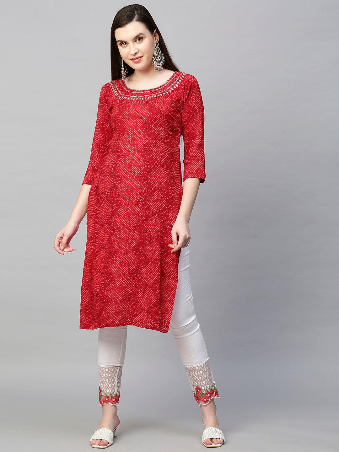 Mirror Embroidered Bandhej Printed Straight Kurta - Red - Indiakreations