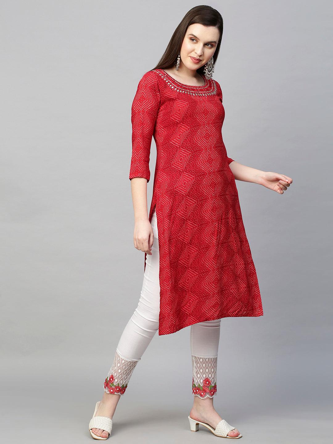 Mirror Embroidered Bandhej Printed Straight Kurta - Red - Indiakreations