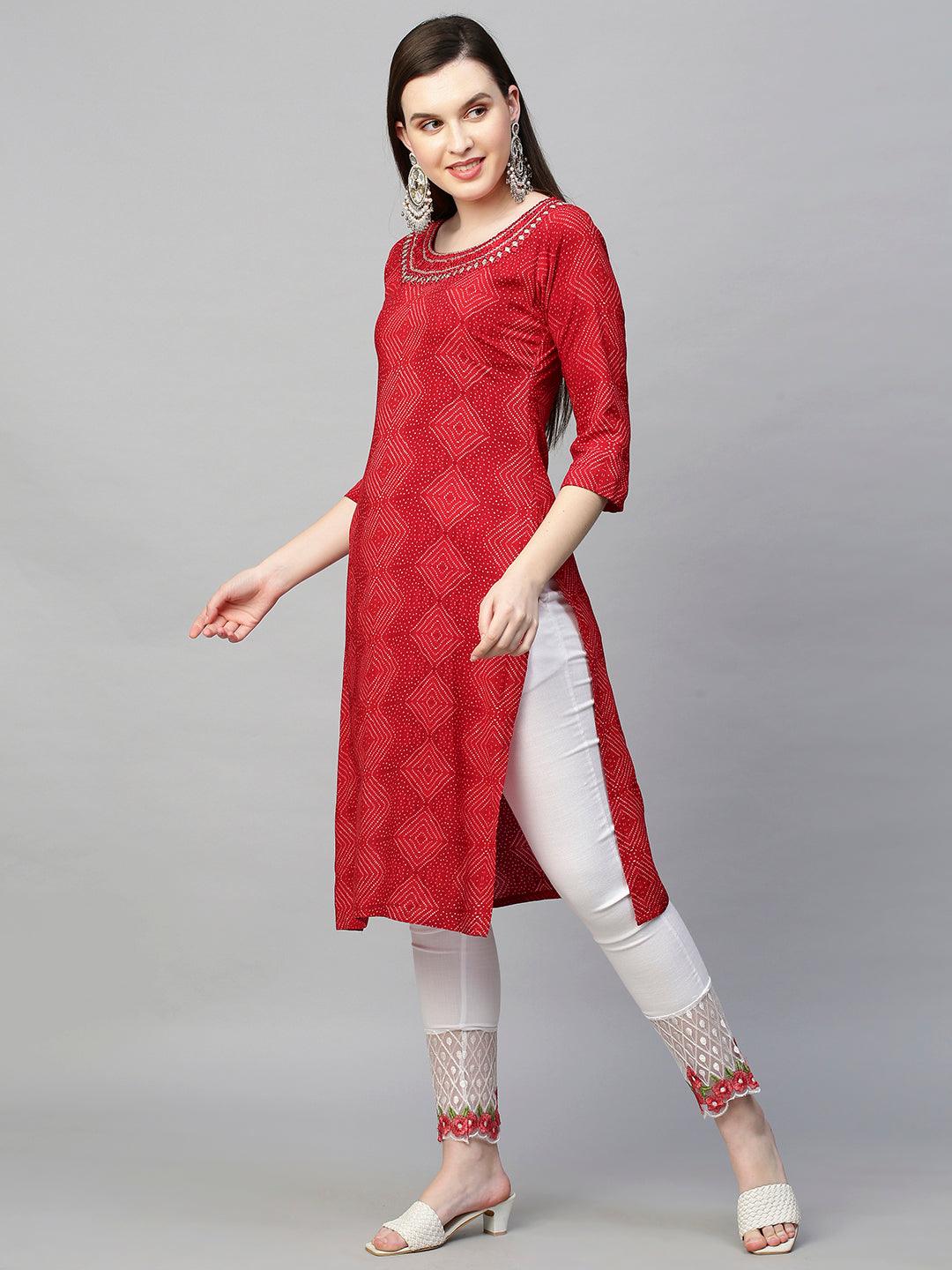 Mirror Embroidered Bandhej Printed Straight Kurta - Red - Indiakreations