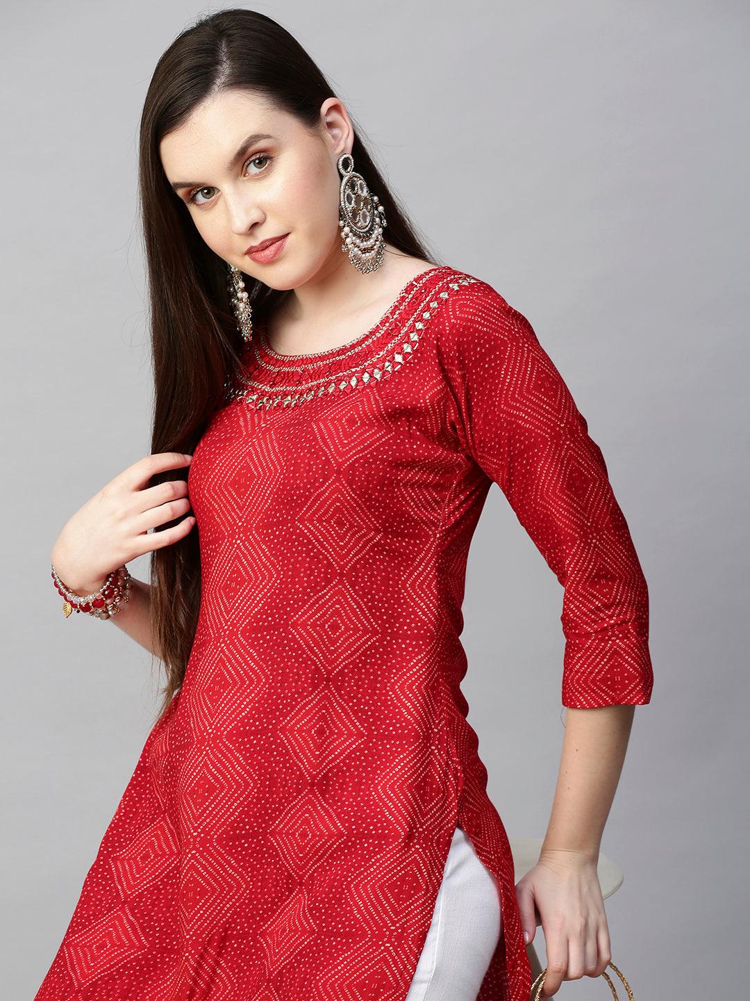 Mirror Embroidered Bandhej Printed Straight Kurta - Red - Indiakreations