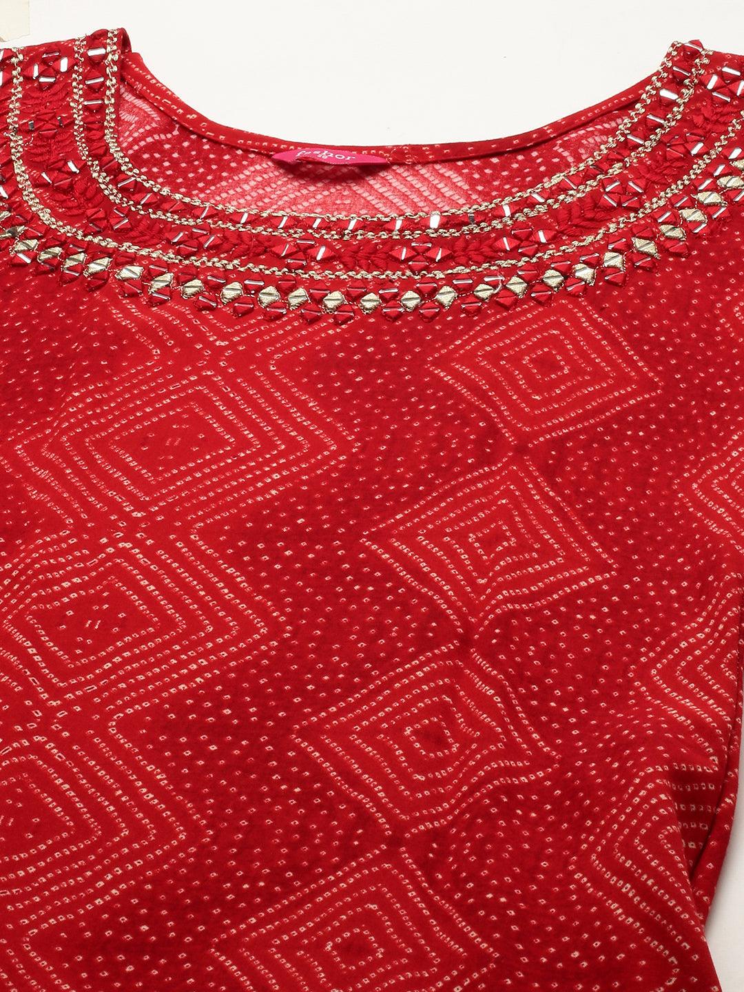 Mirror Embroidered Bandhej Printed Straight Kurta - Red - Indiakreations