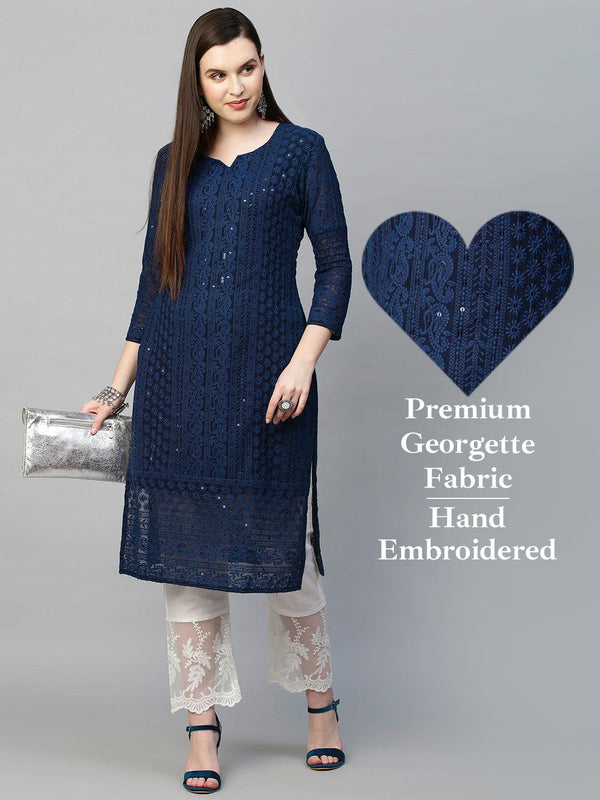 Chikankari Embroidered Straight Kurta - Dark Blue - Indiakreations