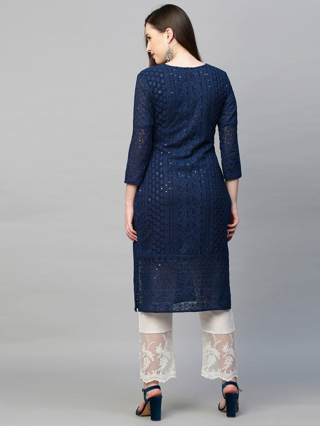 Chikankari Embroidered Straight Kurta - Dark Blue - Indiakreations