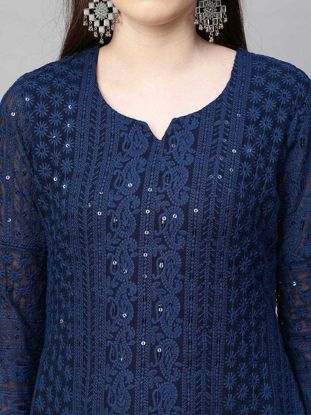 Chikankari Embroidered Straight Kurta - Dark Blue - Indiakreations