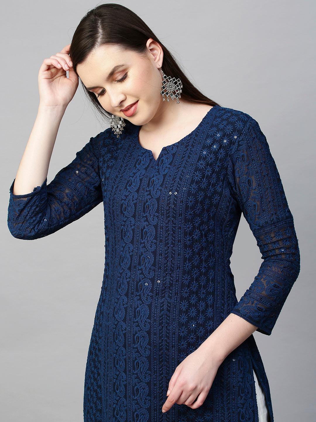 Chikankari Embroidered Straight Kurta - Dark Blue - Indiakreations