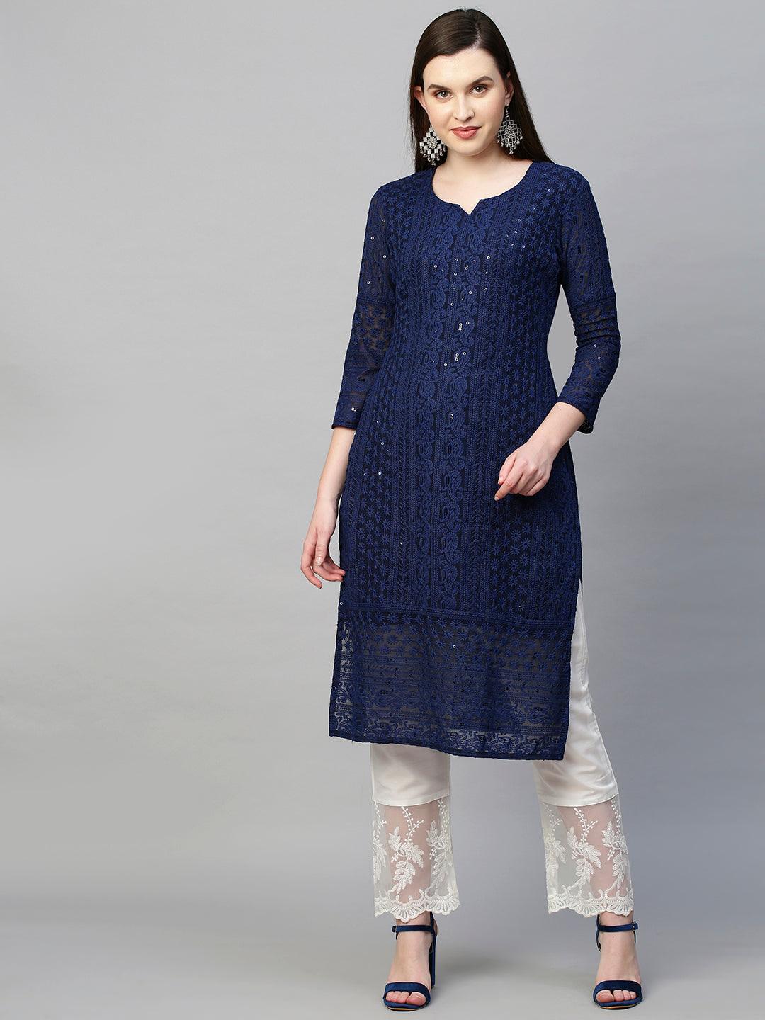 Chikankari Embroidered Straight Kurta - Dark Blue - Indiakreations