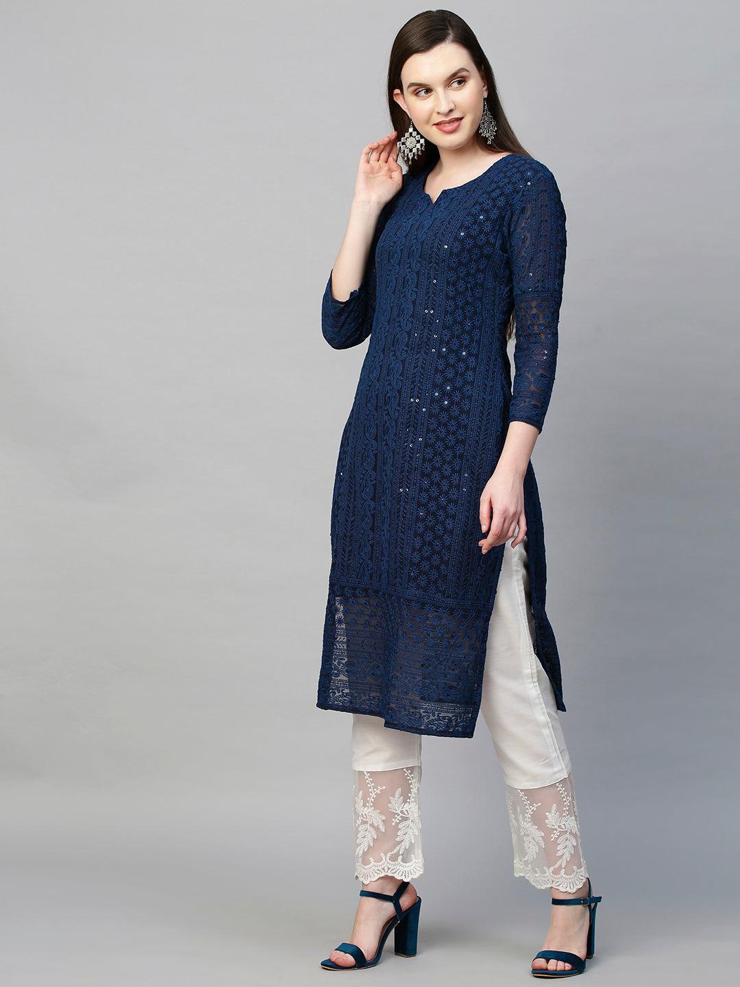 Chikankari Embroidered Straight Kurta - Dark Blue - Indiakreations