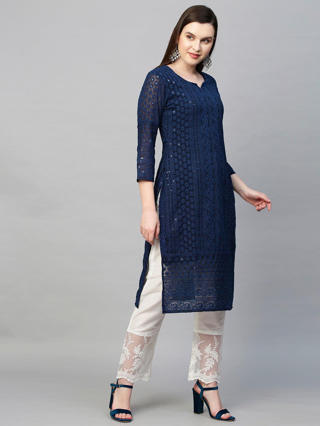 Chikankari Embroidered Straight Kurta - Dark Blue - Indiakreations