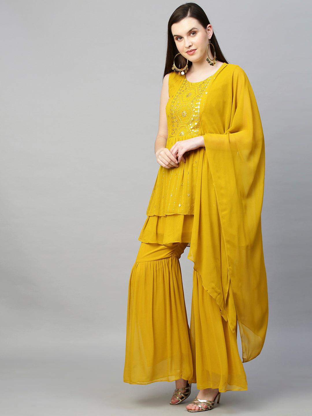 Embroidered Peplum & Sharara and Dupatta - Mustard - Indiakreations