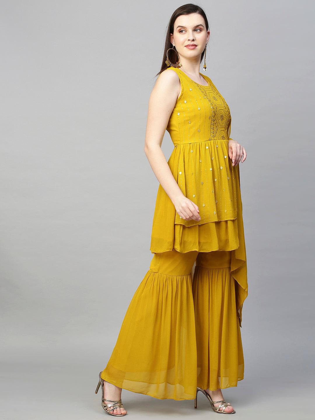 Embroidered Peplum & Sharara and Dupatta - Mustard - Indiakreations