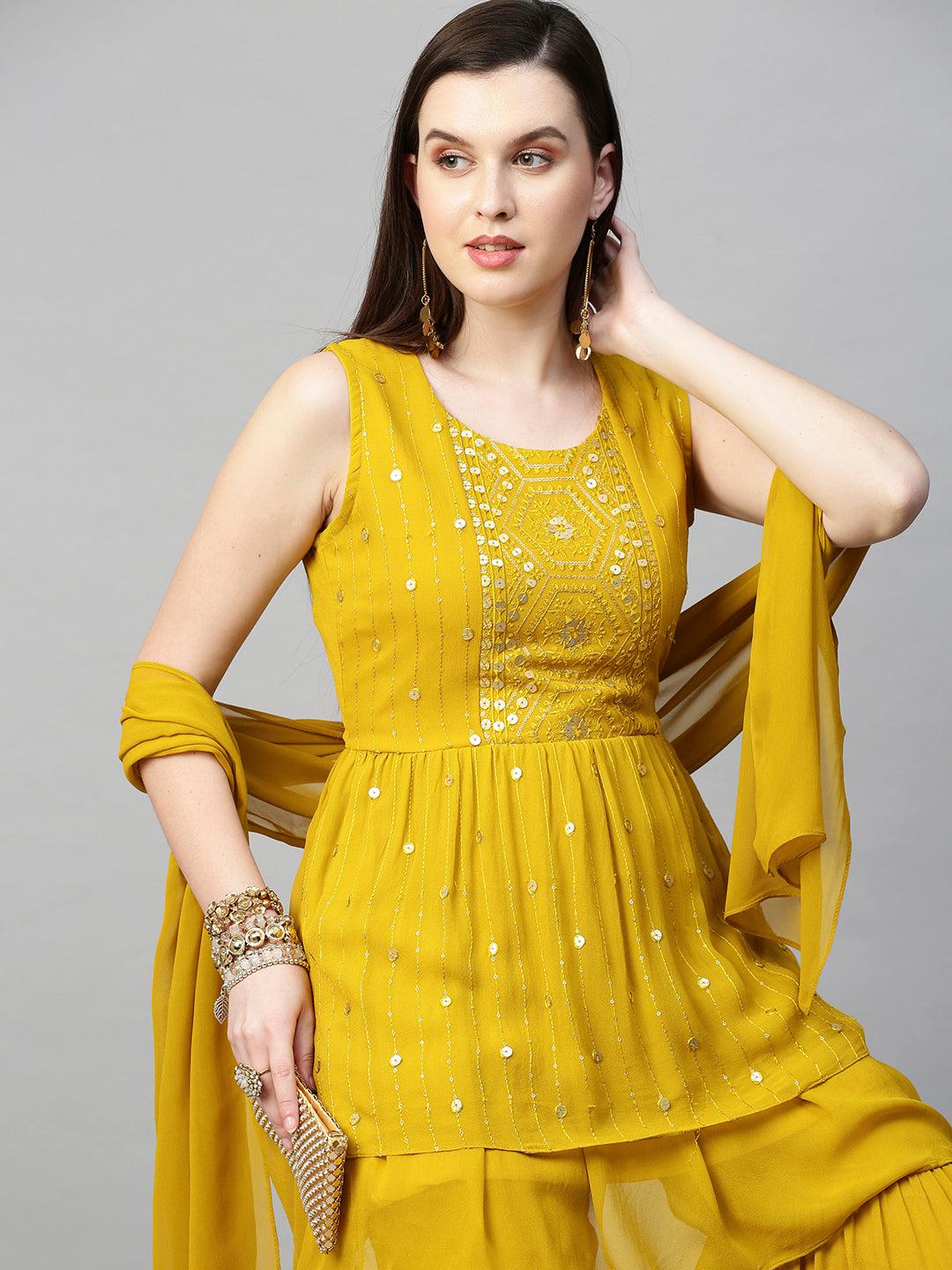 Embroidered Peplum & Sharara and Dupatta - Mustard - Indiakreations